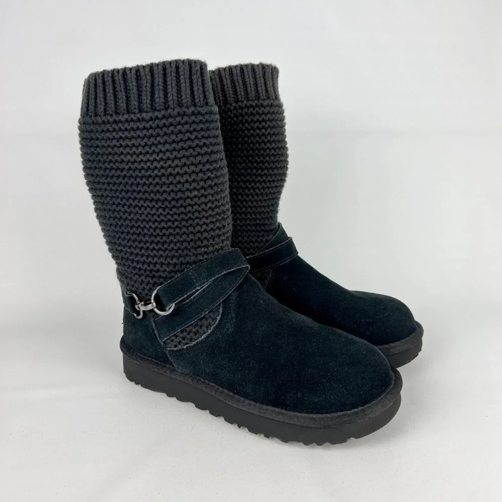 UGG Womens Purl Strap Boot 1098080 Black Suede Knit Cuff Wool Lined size 6